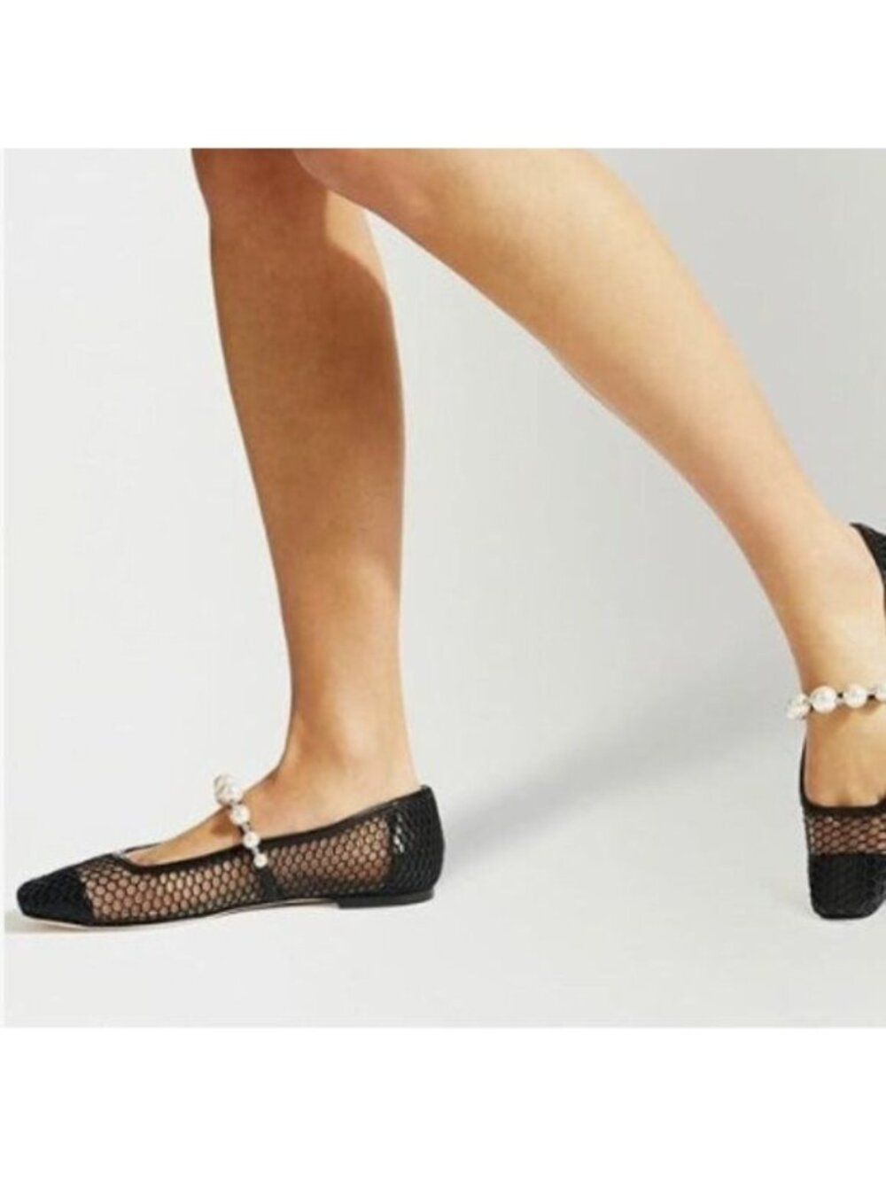 FOWT Women Square Toe Slip on Flats Pearl Studded Strap Elegant Pumps Black Mesh